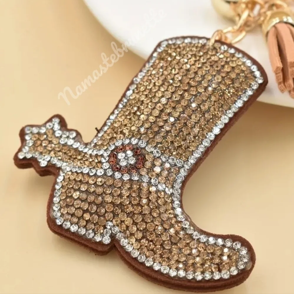 Western Boot Crystal Rhinestone Keychain Bag Charm With Tan Tassel